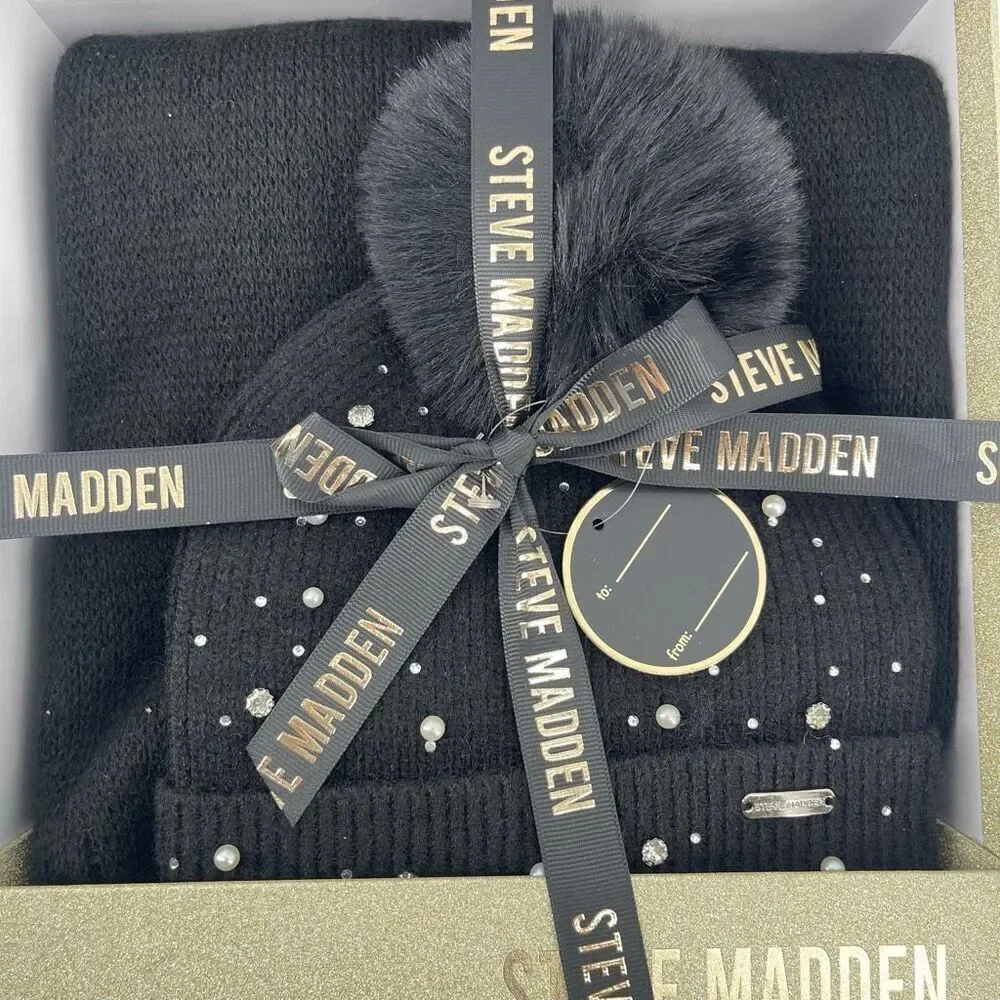 Steve Madden Women’s Embellished Beanie & Scarf Gift Set — Black — New in Box